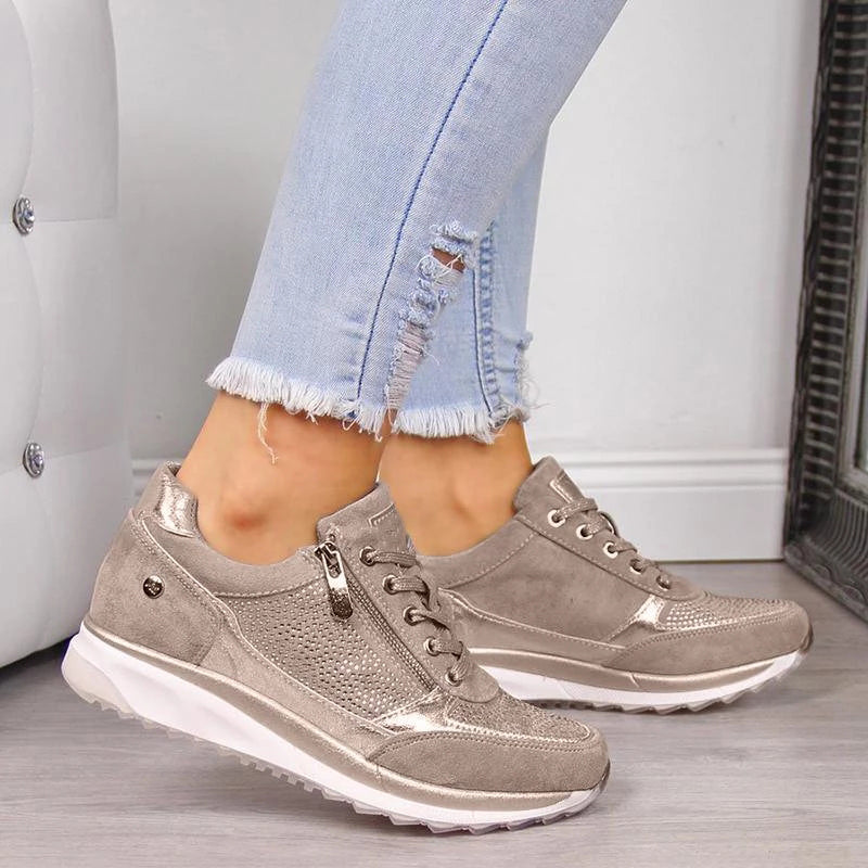 Women's Casual Textured Sneakers – Lace Up Side Zip Everyday Walking