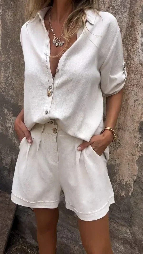 Women's Casual Two-Piece Summer Set – Button Front Shirt Roll Sleeve Shorts Summer