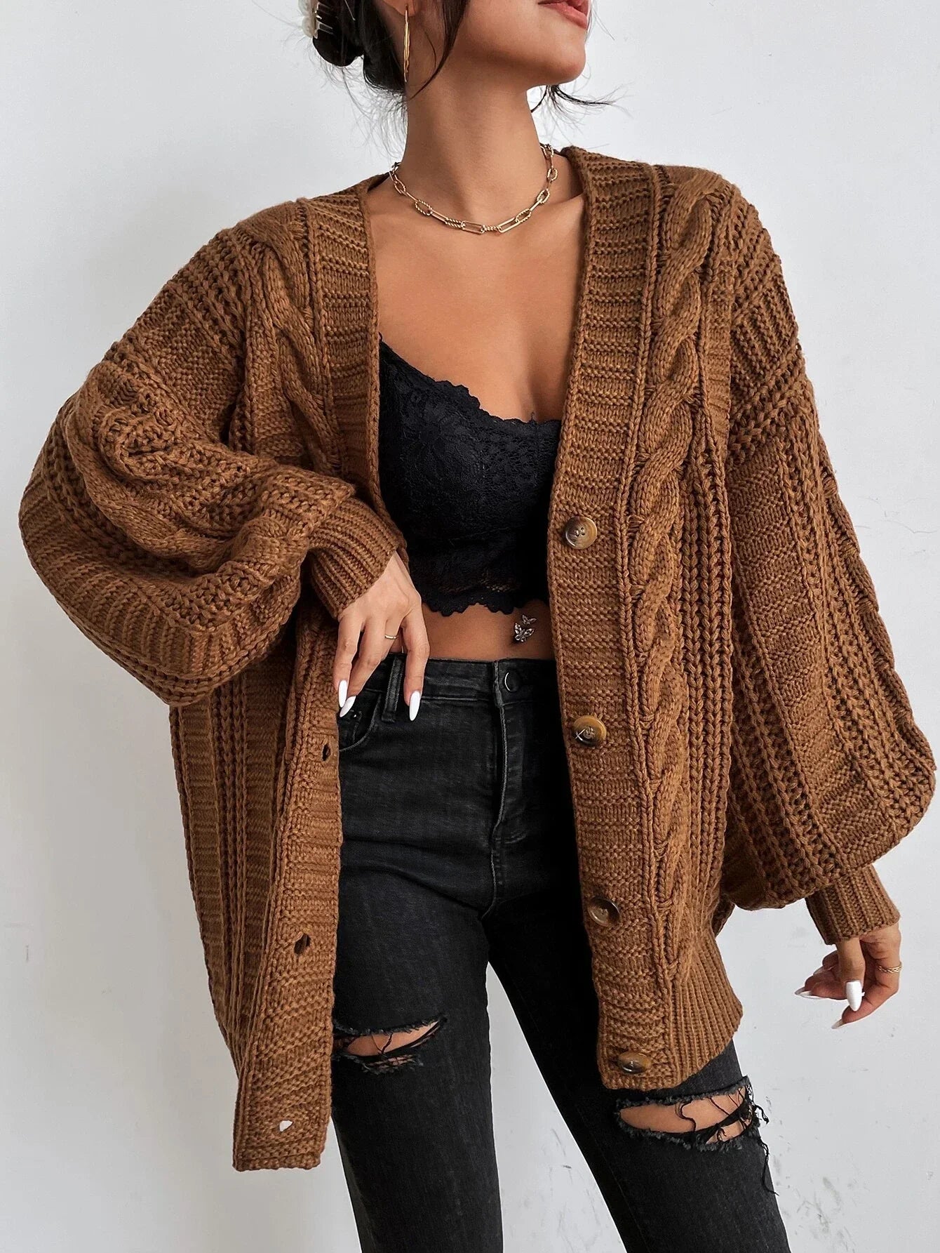 Women's Chunky Cable Knit Cardigan – Oversized V Neck Button Front Sweater