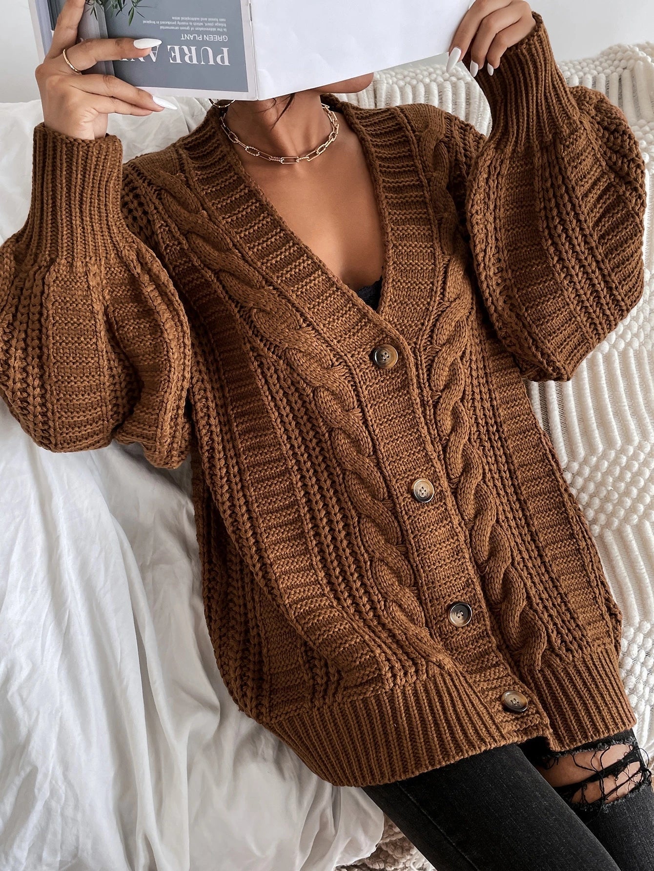 Women's Chunky Cable Knit Cardigan – Oversized V Neck Button Front Sweater