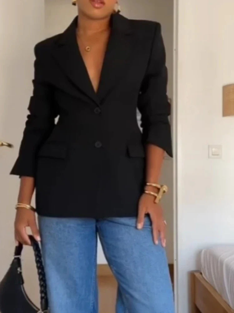 Women's Classic Tailored Blazer – Two Button Notch Lapel Long Sleeve Office