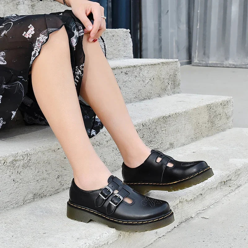 Women's Closed Toe Mary Jane Shoes – Double Buckle Strap Cut Out Round Toe Flat