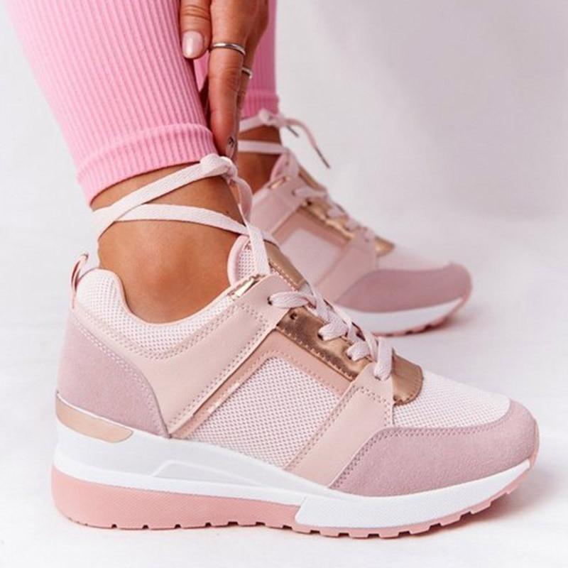 Women's Closed Toe Platform Sneakers – Lace Up Foil Panel Wedge Casual