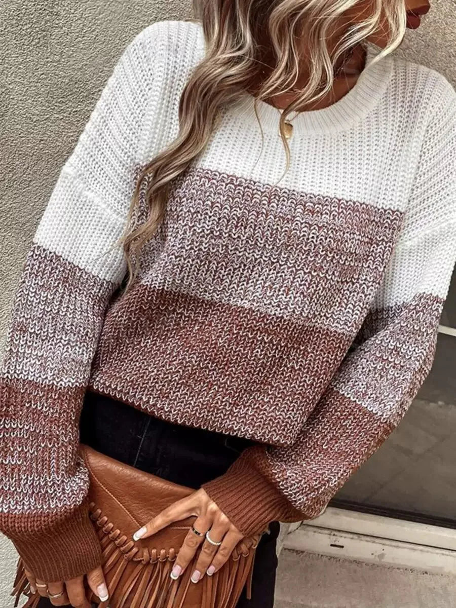Women's Color-Block Long Sleeve Sweater – Crew Neck Knit Casual