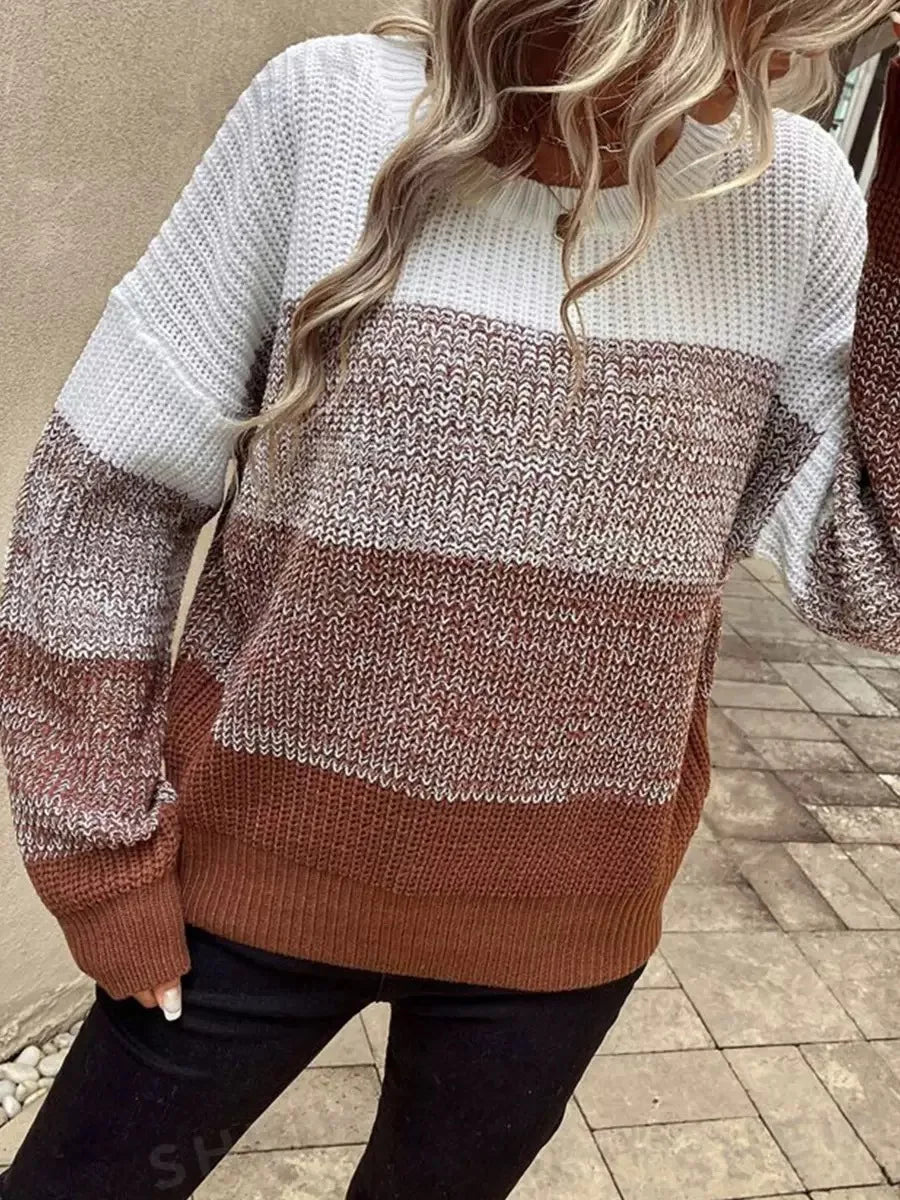 Women's Color-Block Long Sleeve Sweater – Crew Neck Knit Casual