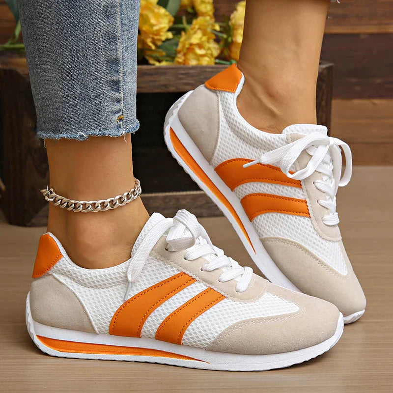 Women's Color Block Striped Low Top Sneakers – Lace Up Mesh Panel Casual