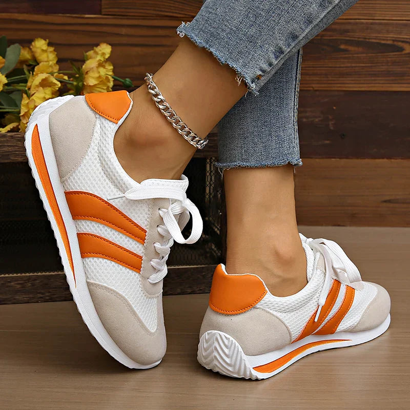 Women's Color Block Striped Low Top Sneakers – Lace Up Mesh Panel Casual