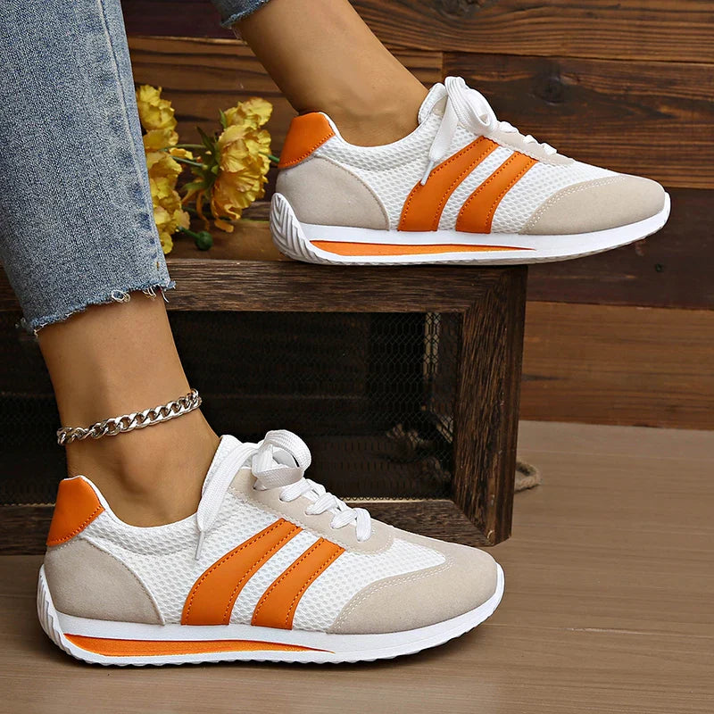 Women's Color Block Striped Low Top Sneakers – Lace Up Mesh Panel Casual