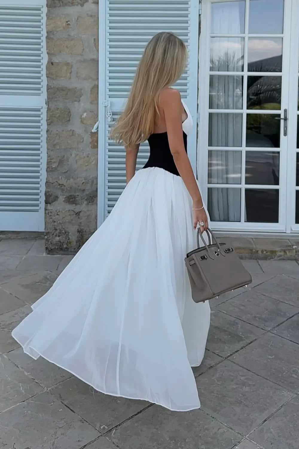 Women's Contrast Panel Halter Maxi Dress – Pleated V Neck Wedding Guest