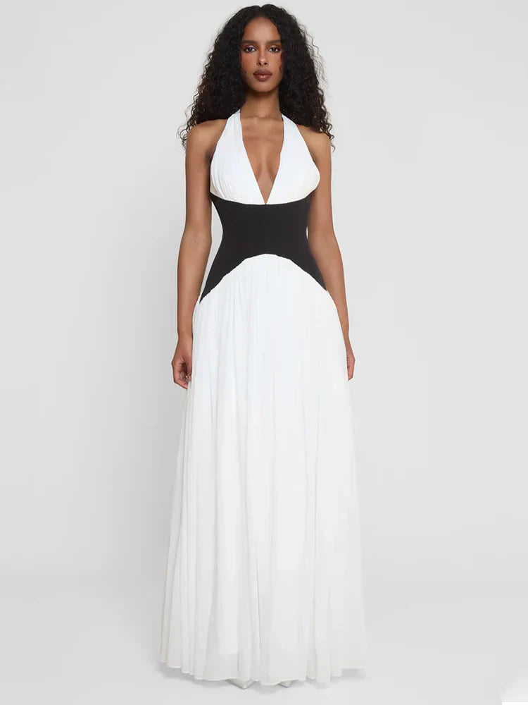 Women's Contrast Panel Halter Maxi Dress – Pleated V Neck Wedding Guest