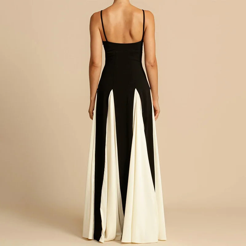 Women's Contrast Panel Maxi Dress – Sweetheart Neck Spaghetti Strap Wedding Guest