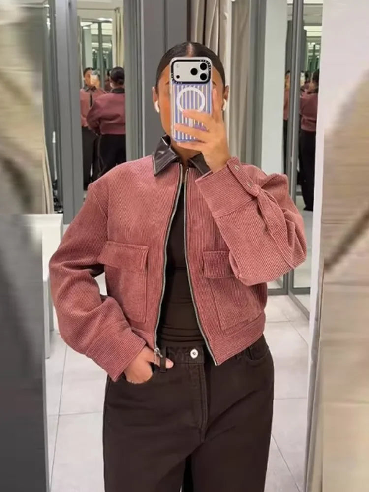 Women's Corduroy Cropped Bomber Jacket – Zip Front Snap Cuff Casual