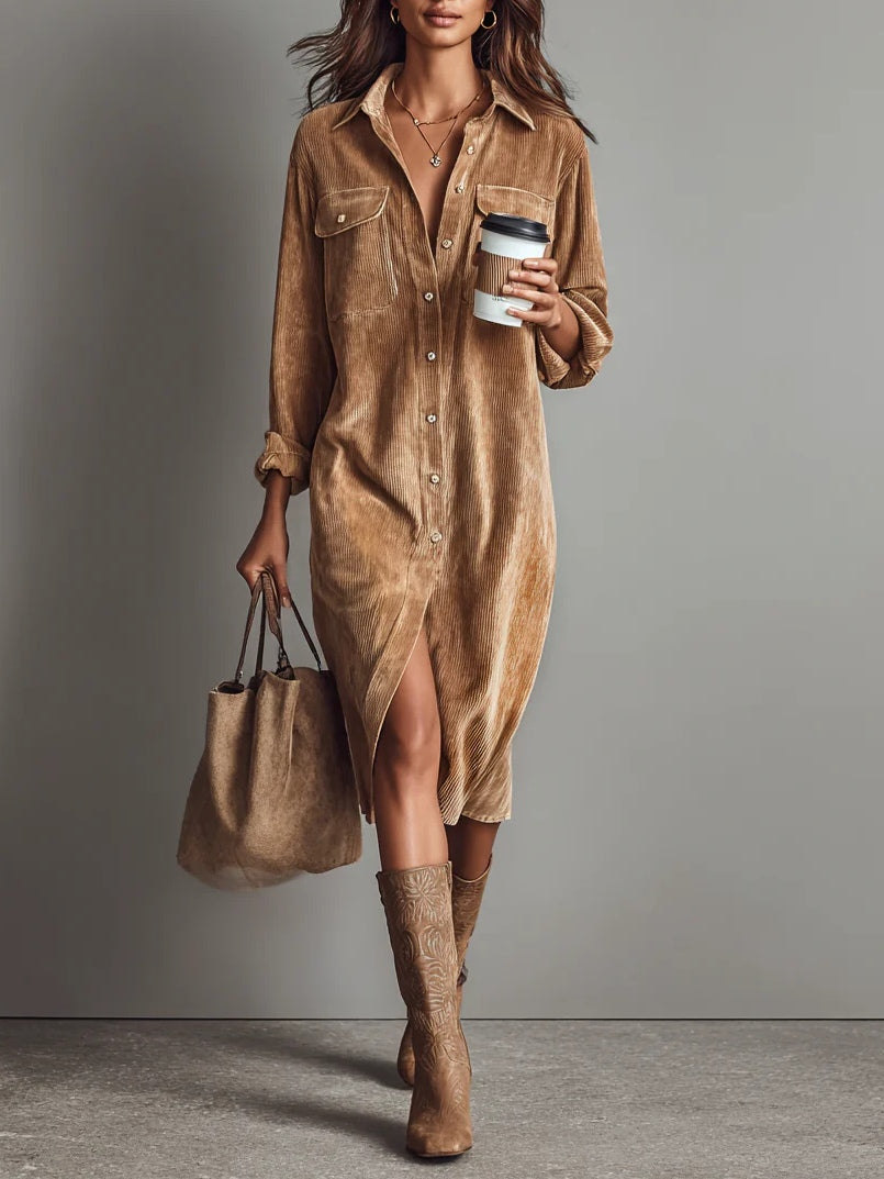 Women's Corduroy Midi Shirt Dress – Button Front Long Sleeve Casual