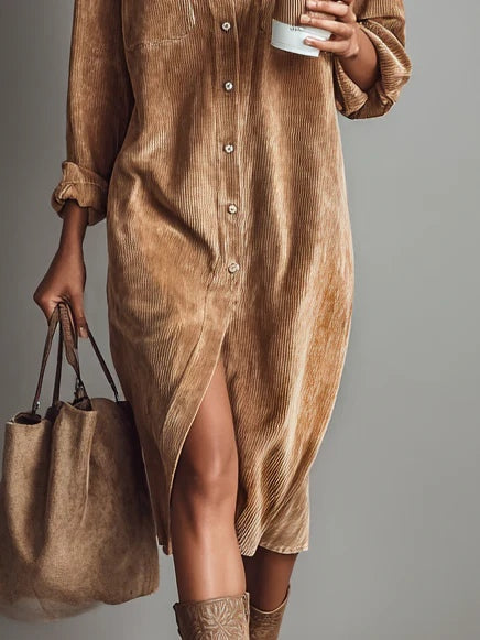 Women's Corduroy Midi Shirt Dress – Button Front Long Sleeve Casual