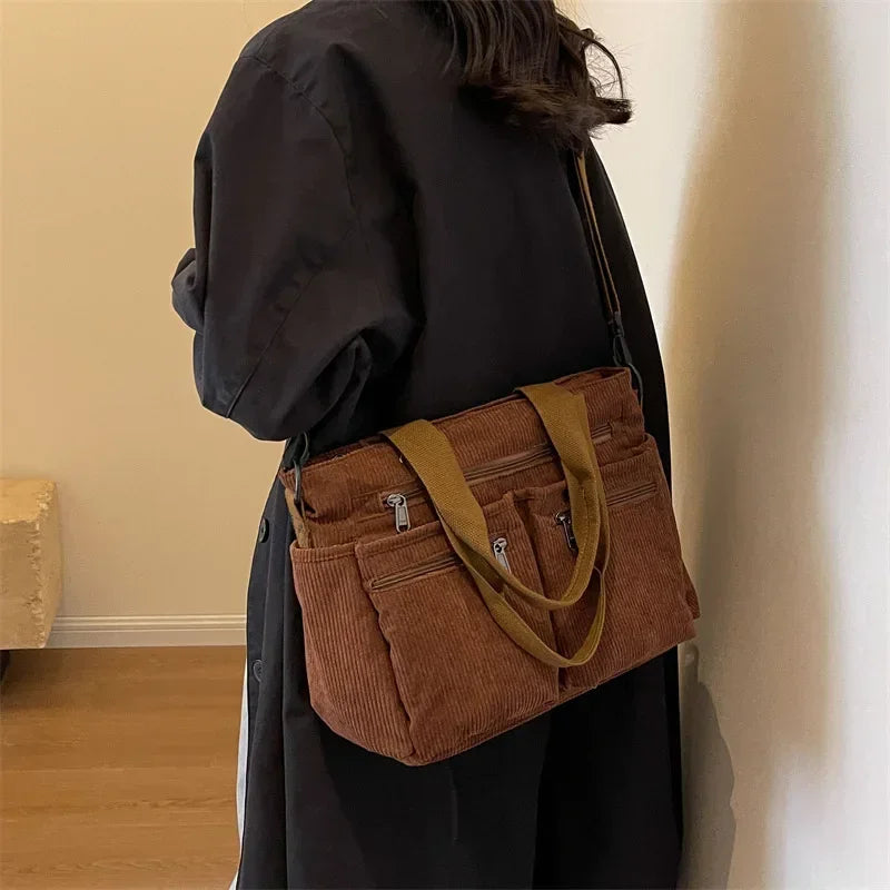 Women's Corduroy Shoulder Bag – Multi Pocket Zip Top Handle Everyday Bag