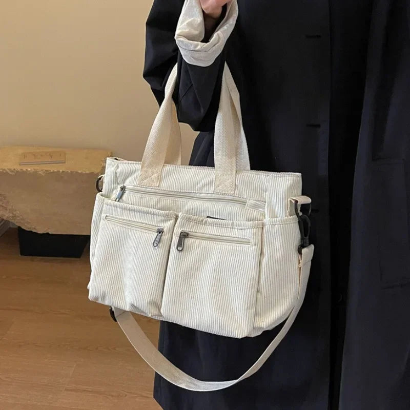 Women's Corduroy Shoulder Bag – Multi Pocket Zip Top Handle Everyday Bag
