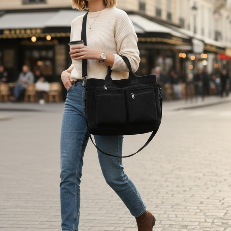 Women's Corduroy Shoulder Bag – Multi Pocket Zip Top Handle Everyday Bag