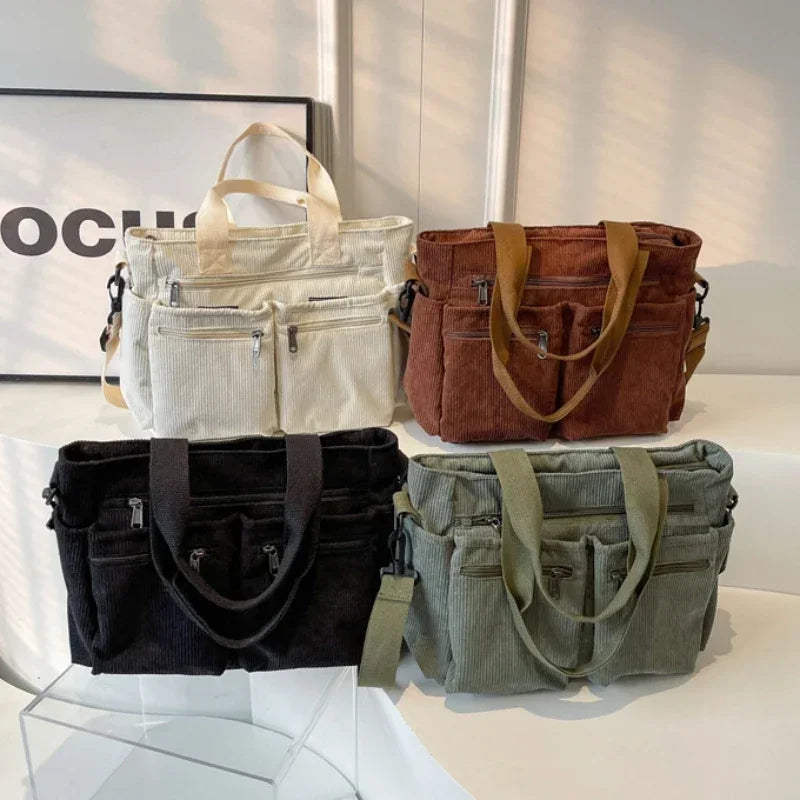 Women's Corduroy Shoulder Bag – Multi Pocket Zip Top Handle Everyday Bag