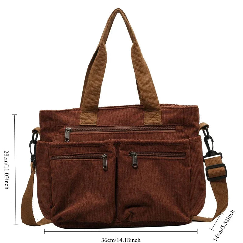 Women's Corduroy Shoulder Bag – Multi Pocket Zip Top Handle Everyday Bag