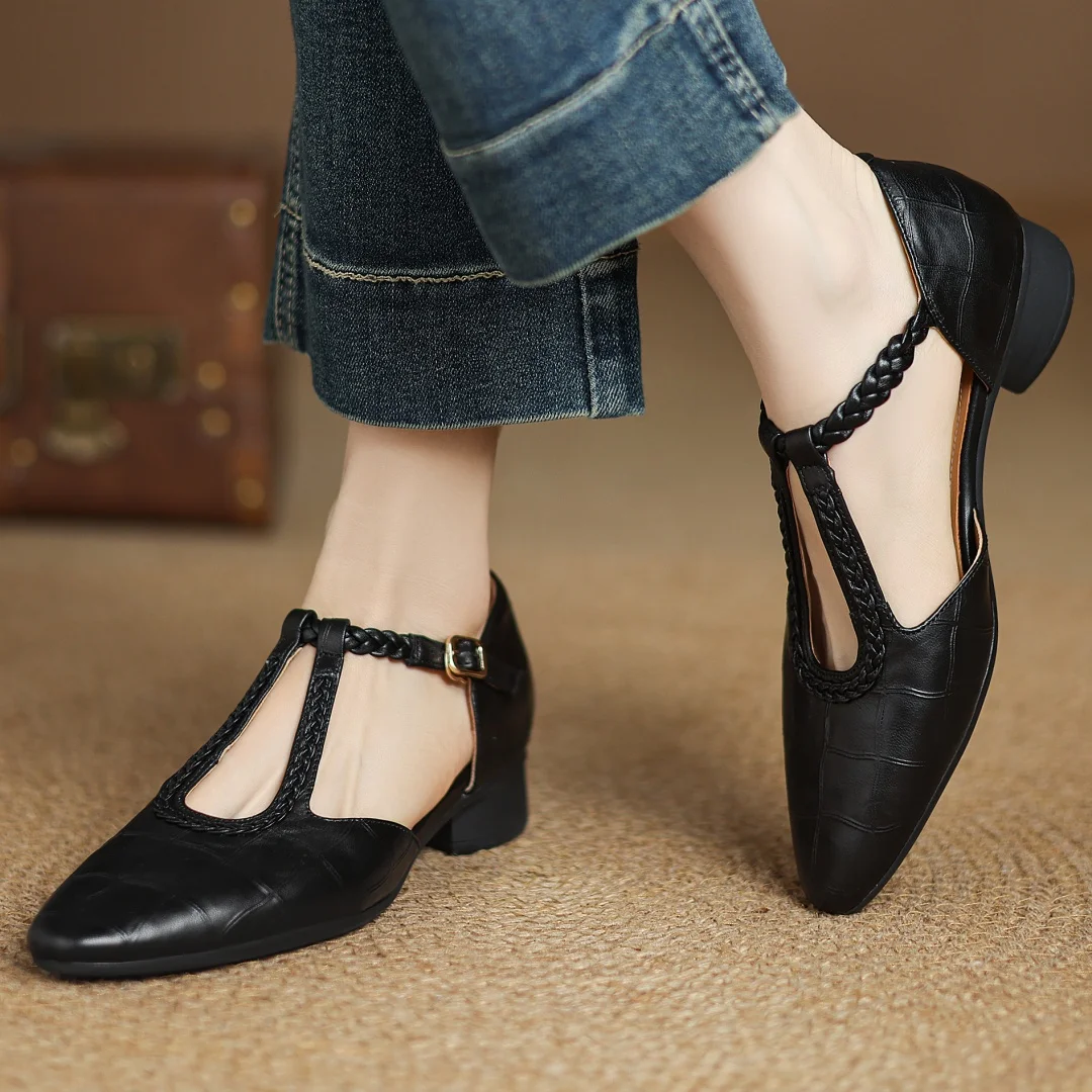 Women's Croc Embossed Mary Jane Flats – Braided T-Strap Adjustable Buckle Round Toe