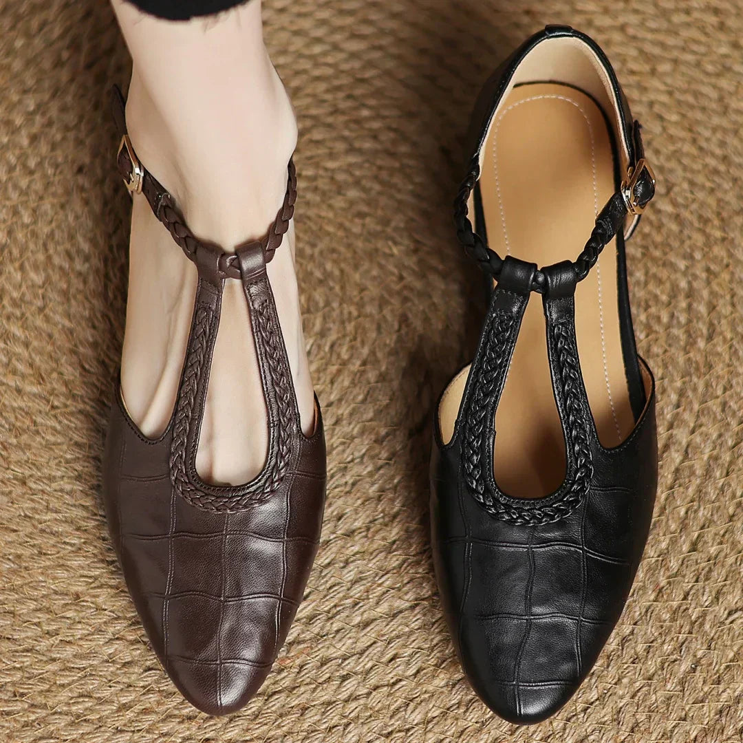 Women's Croc Embossed Mary Jane Flats – Braided T-Strap Adjustable Buckle Round Toe