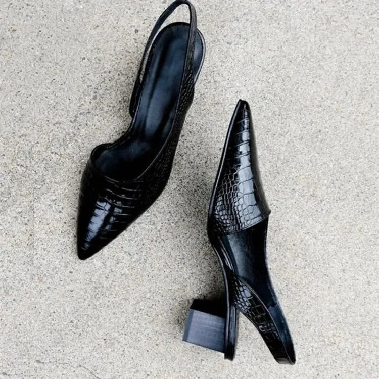 Women's Croc Embossed Pointed Toe Slingback Pumps – Block Heel Office Work