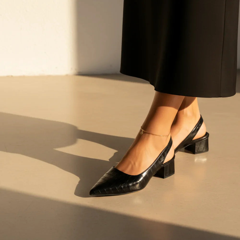 Women's Croc Embossed Slingback Pumps – Pointed Toe Low Block Heel Office