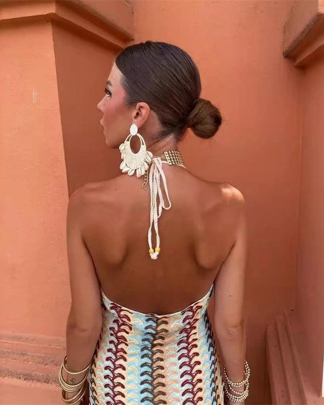 Women's Crochet Chevron Maxi – Halter V Neck Lace Up Beach Wedding Guest Dress
