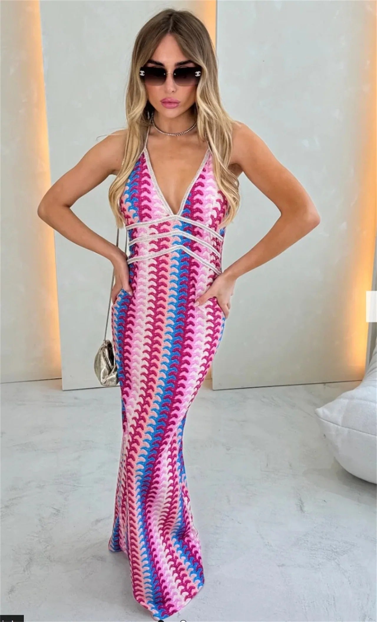 Women's Crochet Chevron Maxi – Halter V Neck Lace Up Beach Wedding Guest Dress