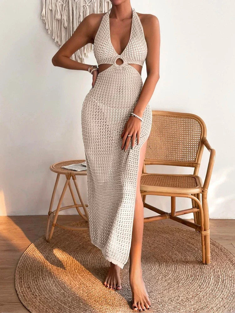 Women's Crochet Halter Maxi Swim Cover Up – Cut Out Ring Detail Side Slit Beach