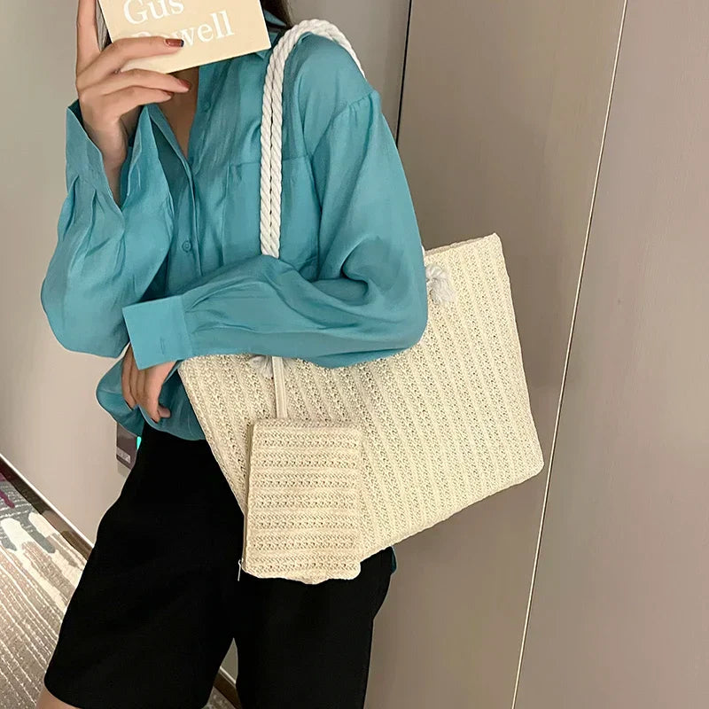 Women's Crochet Tote Bag – Woven Rope Handle Pouch Beach Summer
