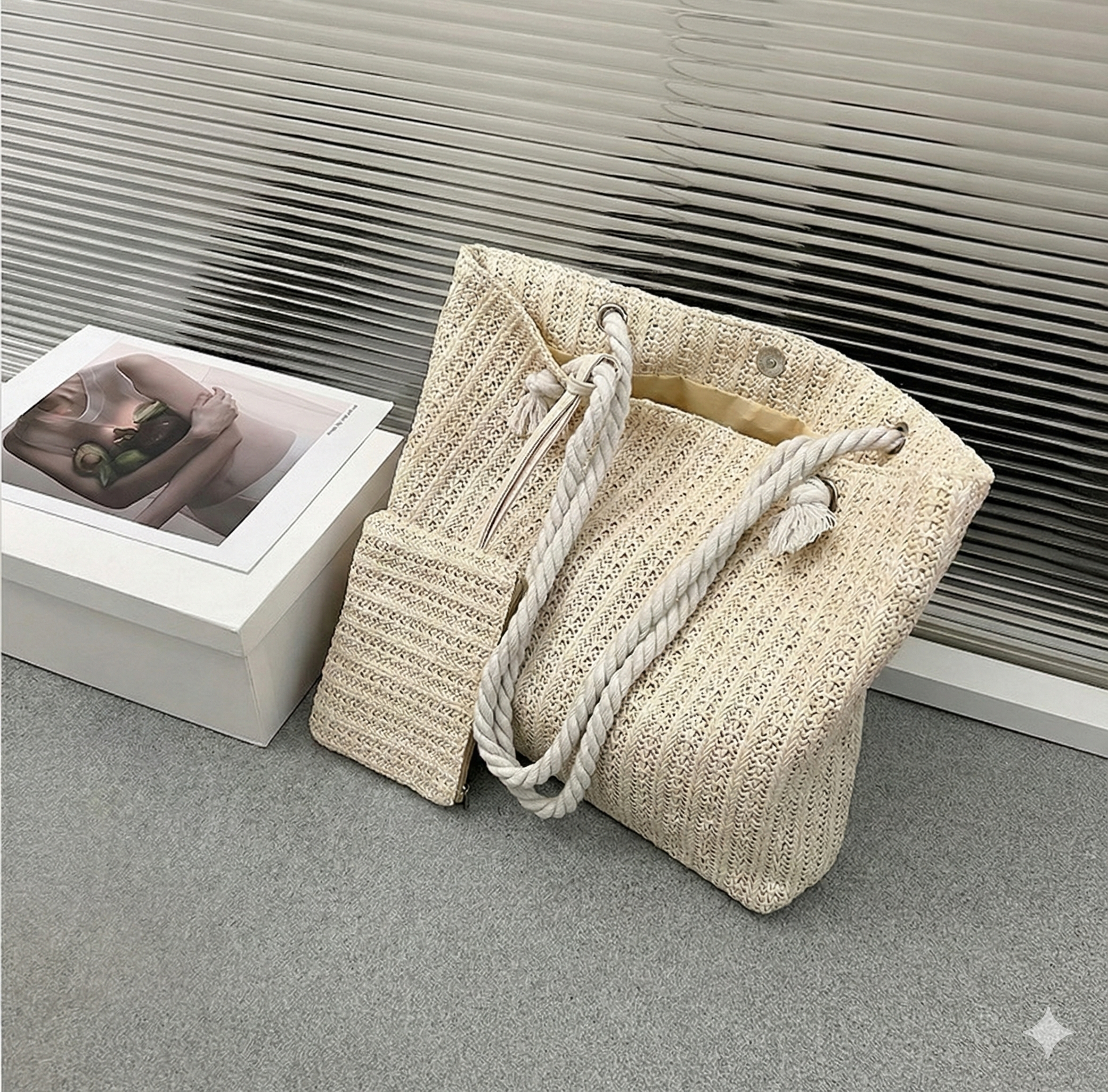 Women's Crochet Tote Bag – Woven Rope Handle Pouch Beach Summer