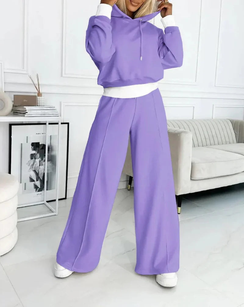 Women's Cropped Pullover Hoodie Wide Leg Pants – 2 Piece Tracksuit Set