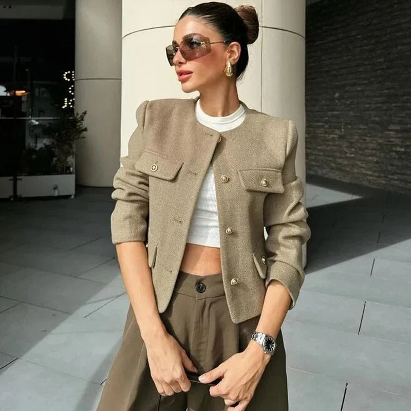 Women's Cropped Single Breasted Bomber Jacket – Collarless Flap Pockets