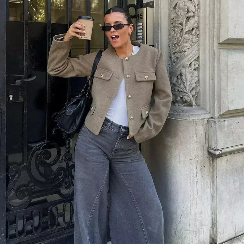 Women's Cropped Single Breasted Bomber Jacket – Collarless Flap Pockets