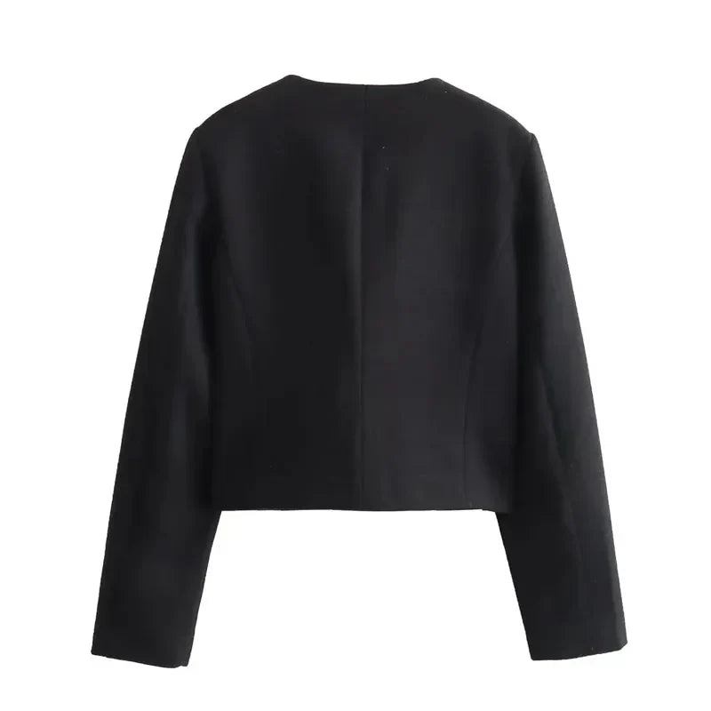 Women's Cropped Single Breasted Bomber Jacket – Collarless Flap Pockets