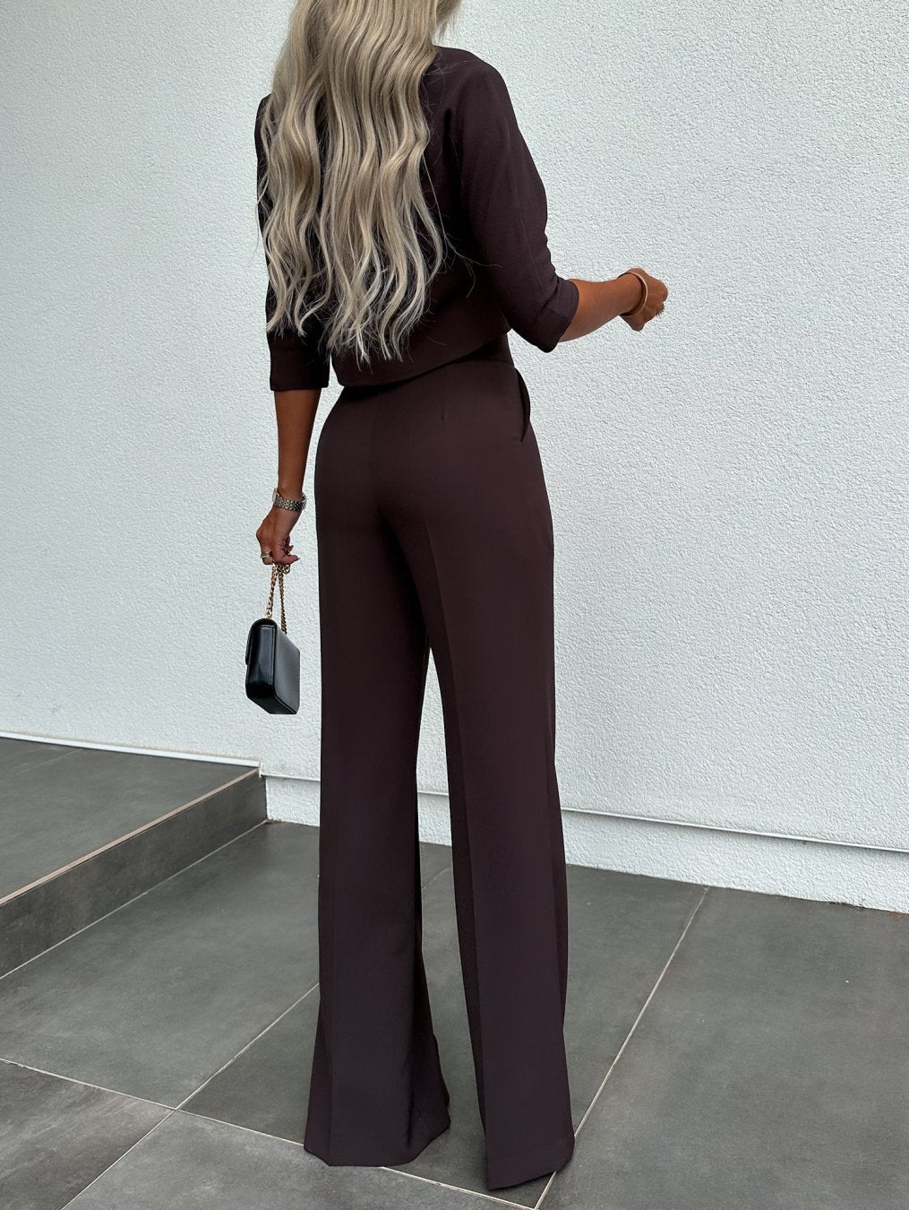 Women's Cropped Top and Wide Leg Pants – Mock Neck Button Waist 2 Piece Set