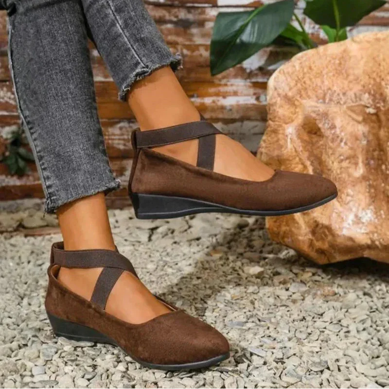 Women's Cross Strap Mary Jane Shoes – Closed Toe Low Wedge Suede Casual