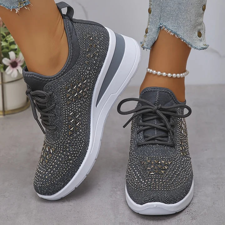 Women's Crystal Embellished Knit Sneakers – Lace Up Wedge Sole Casual