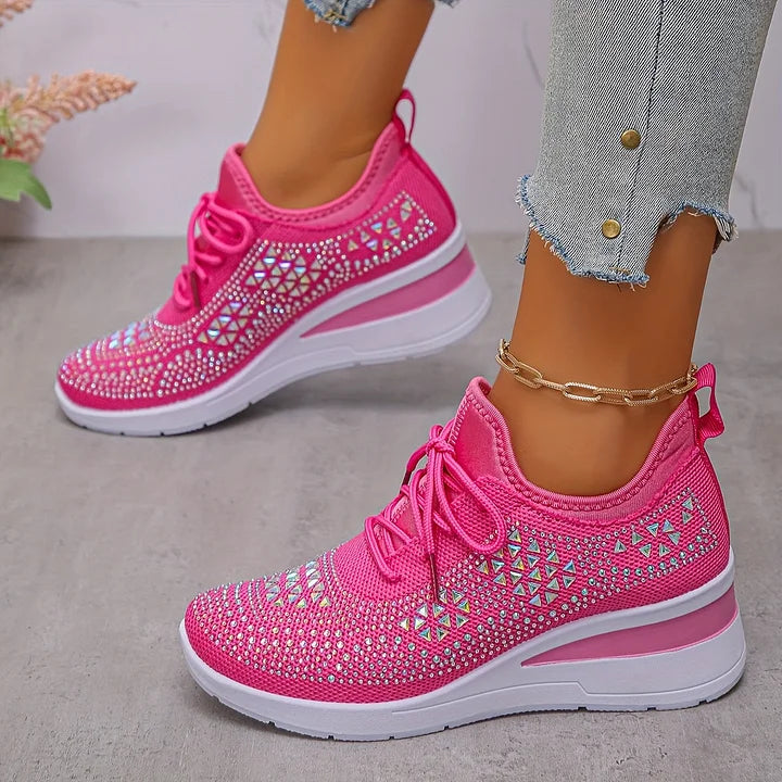 Women's Crystal Embellished Knit Sneakers – Lace Up Wedge Sole Casual