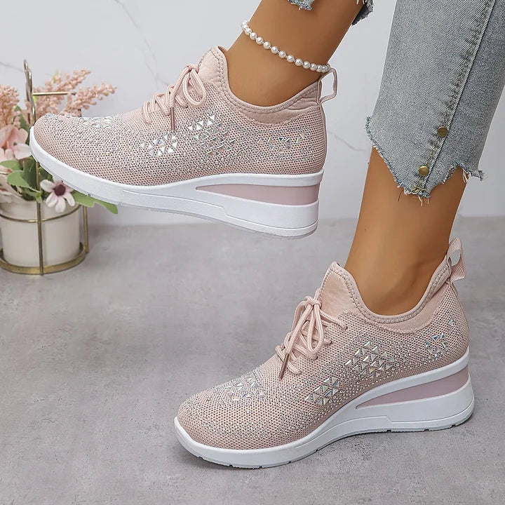 Women's Crystal Embellished Knit Sneakers – Lace Up Wedge Sole Casual