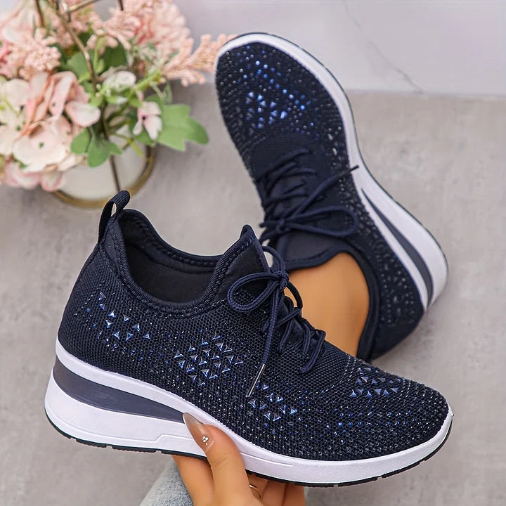 Women's Crystal Embellished Knit Sneakers – Lace Up Wedge Sole Casual