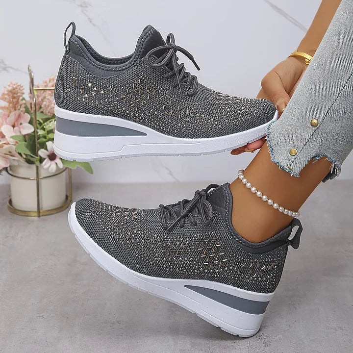 Women's Crystal Embellished Knit Sneakers – Lace Up Wedge Sole Casual