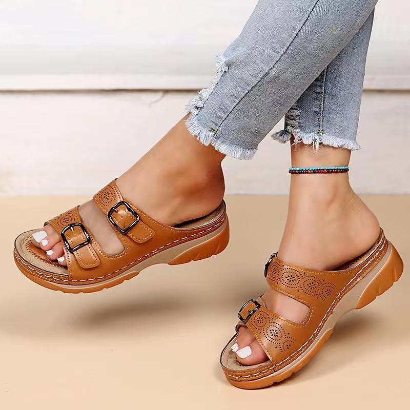 Women's Cutout Buckle Sandals – Open Toe Double Strap Casual Walking