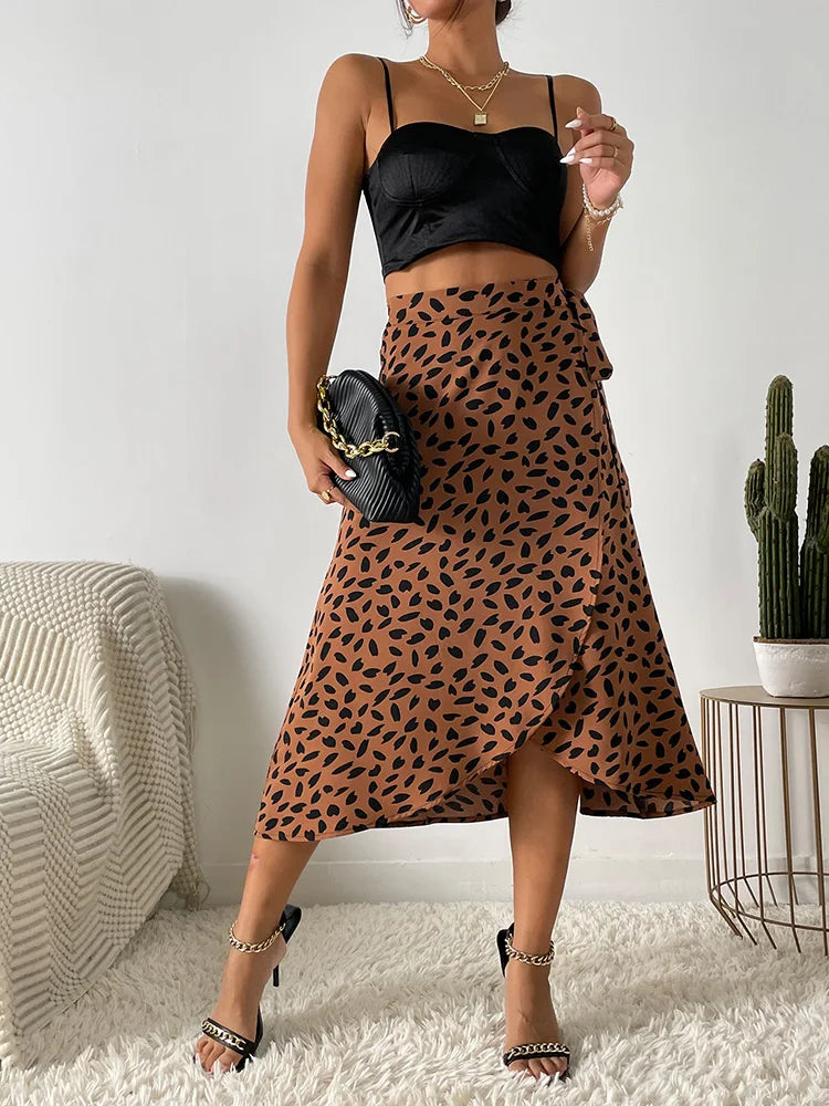 Women's Dalmatian Print High Waist Wrap Midi Skirt – Tie Waist Summer
