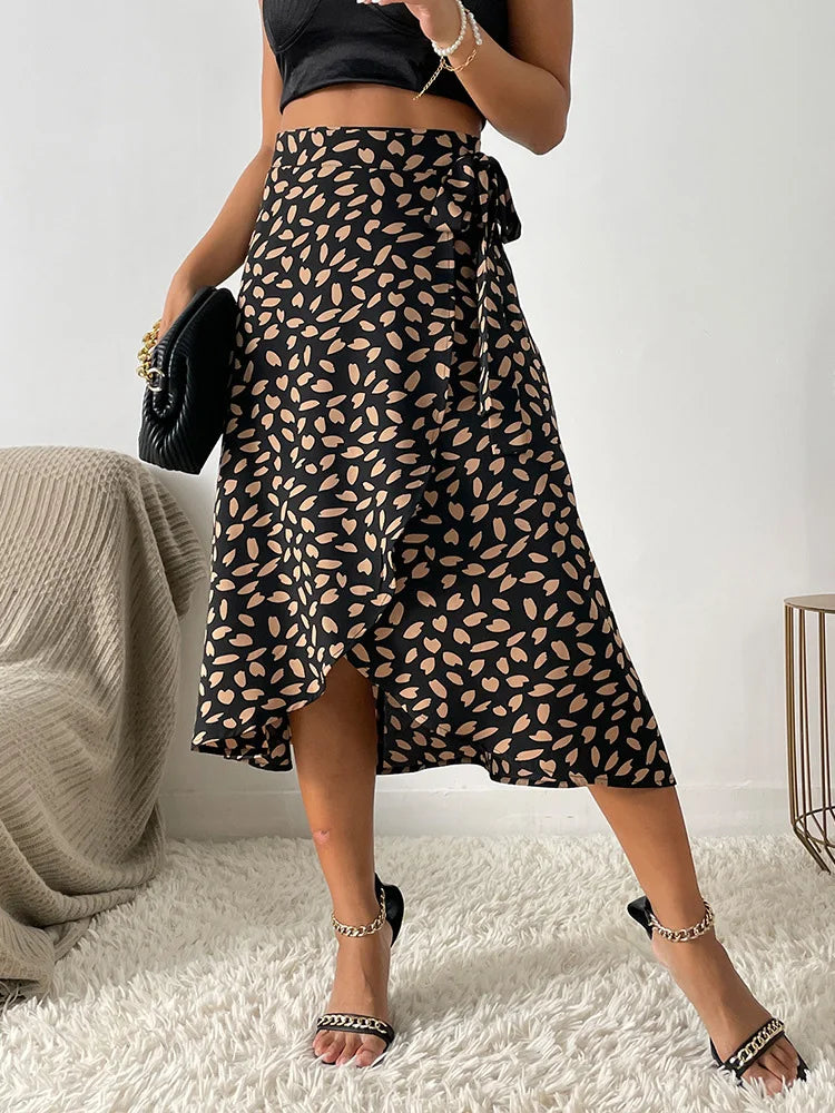 Women's Dalmatian Print High Waist Wrap Midi Skirt – Tie Waist Summer
