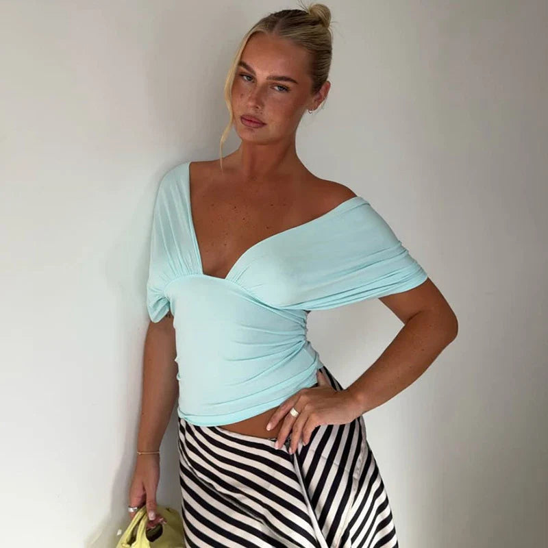 Women's Deep V Neck Crop Top – Ruched Bust Sleeveless Summer Casual
