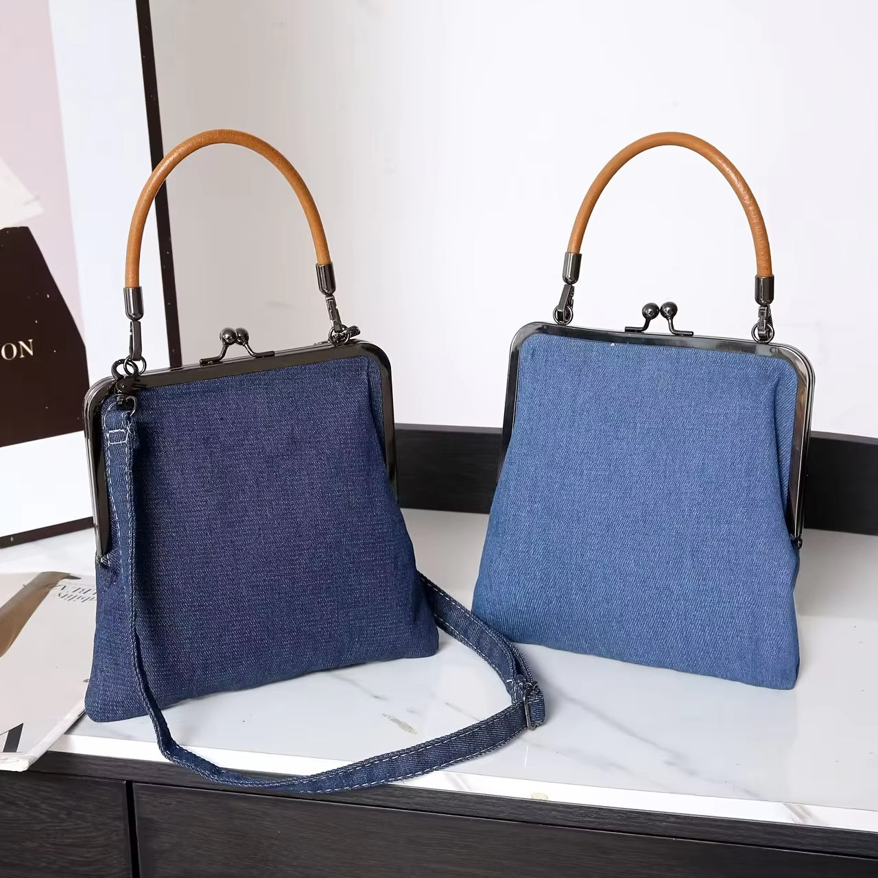 Women's Denim Frame Crossbody Bag – Top Handle Kiss Lock Clasp Casual