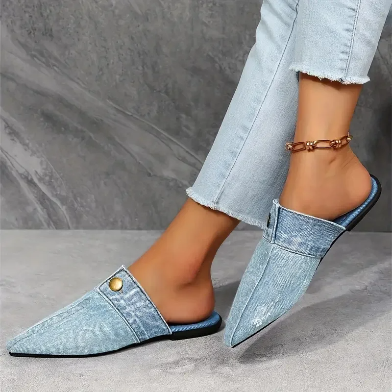 Women's Denim Mule Loafers – Pointed Toe Slip On Flat Stud Detail Casual