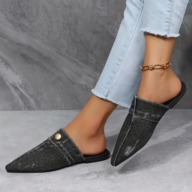 Women's Denim Mule Loafers – Pointed Toe Slip On Flat Stud Detail Casual